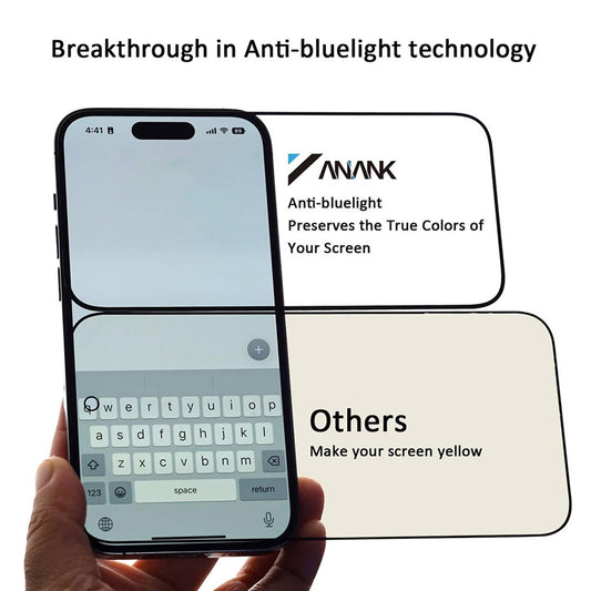 Ochranná fólie na displej Anti Blue Light Anank pro Apple iPhone 15, tvrzené sklo, plné lepidlo, 2.5D, černá