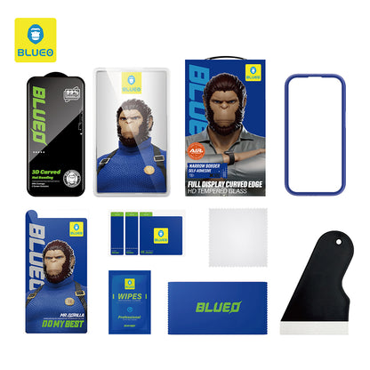 Ochranné sklo na displej Blueo Curved Edge HD Applicator pro Apple iPhone 18 Pro / 17 Pro / 17 / 16 Pro, tvrzené sklo, celoplošné lepení, 3D, černé
