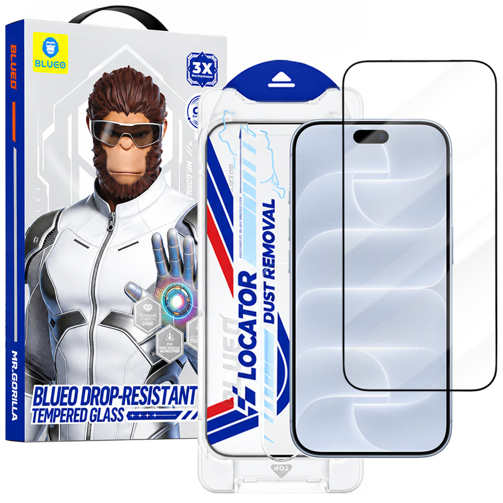 Ochranné sklo na displej Blueo Drop Resistant Applicator Pro pro Apple iPhone 18 Pro / 17 Pro / 17 / 16 Pro, tvrzené sklo, celoplošné lepení, černé