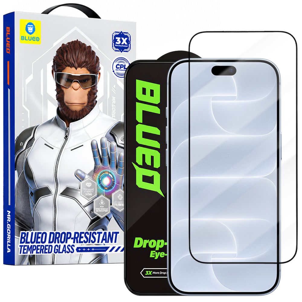 Ochranné sklo na displej Blueo Drop Resistant pro Apple iPhone 18 Pro / 17 Pro / 17 / 16 Pro, tvrzené sklo, celoplošné lepení, černé