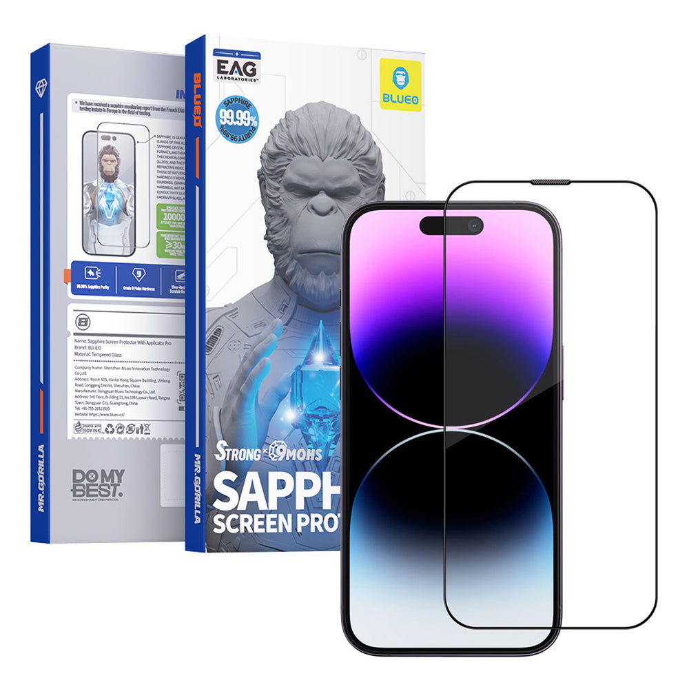 Ochranná fólie na displej Blueo Sapphire Applicator Pro pro Apple iPhone 15 Pro, tvrzené sklo, plné lepidlo, černá