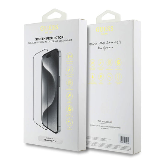 Ochranná fólie na displej Guess Classic Outline pro Apple iPhone 16 Pro Max, Tvrzené sklo, Full Glue, 2.5D, Černá GUTGP16XBOKGCIT