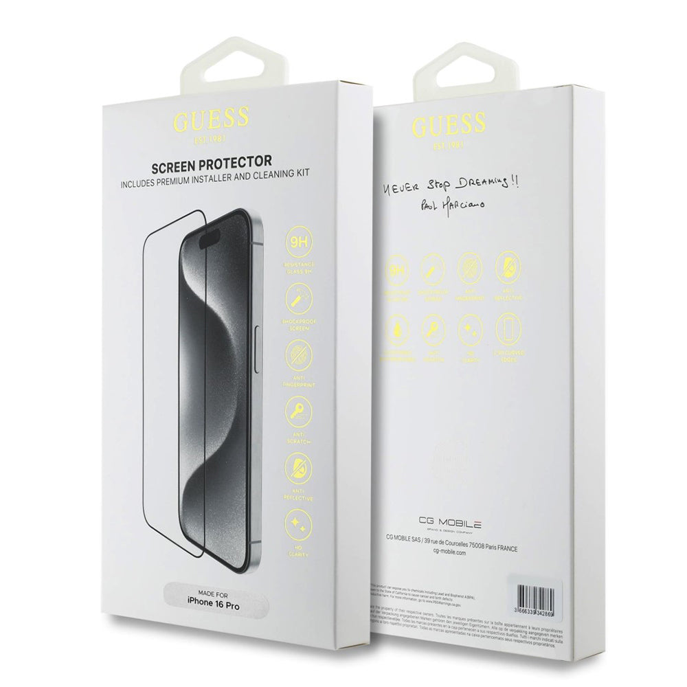 Ochranná fólie na displej Guess Classic Outline pro Apple iPhone 16 Pro, Tvrzené sklo, Full Glue, 2.5D, Černá GUTGP16LBOKGCIT