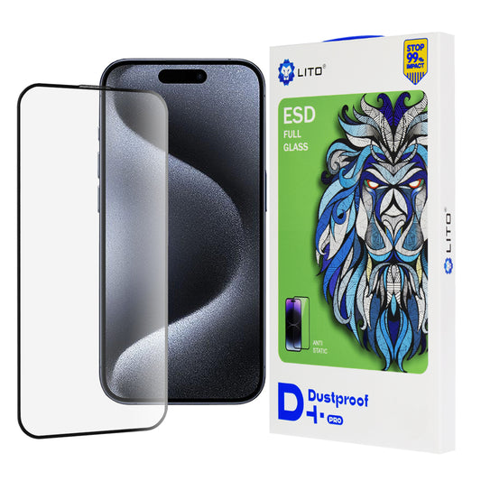 Ochranná fólie na displej Lito D+ Pro Dustproof pro Apple iPhone 15 Pro, tvrzené sklo, plné lepidlo, černá