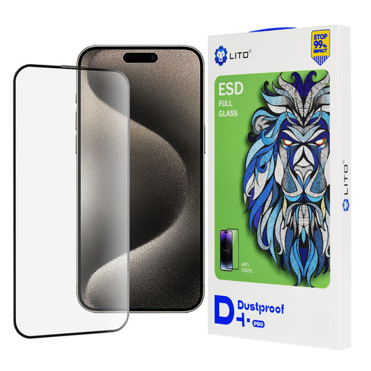 Ochranná fólie na displej Lito D+ Pro Dustproof pro Apple iPhone 15, tvrzené sklo, plné lepidlo, černá