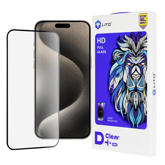 Ochranná fólie na displej Lito D+ Pro pro Apple iPhone 15 Pro Max, tvrzené sklo, plné lepidlo, černá