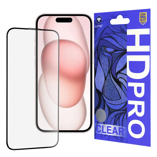 Ochranná fólie na displej Lito HD Pro Clear pro Apple iPhone 15, tvrzené sklo, plné lepidlo, černá