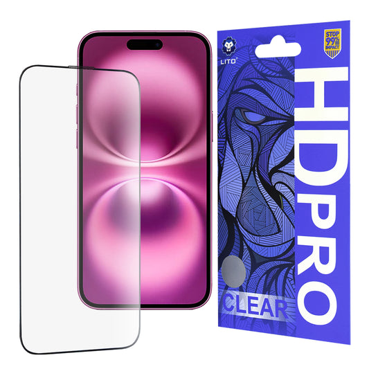 Ochranná fólie na displej Lito HD Pro Clear pro Apple iPhone 16 Plus, tvrzené sklo, plné lepidlo, černá