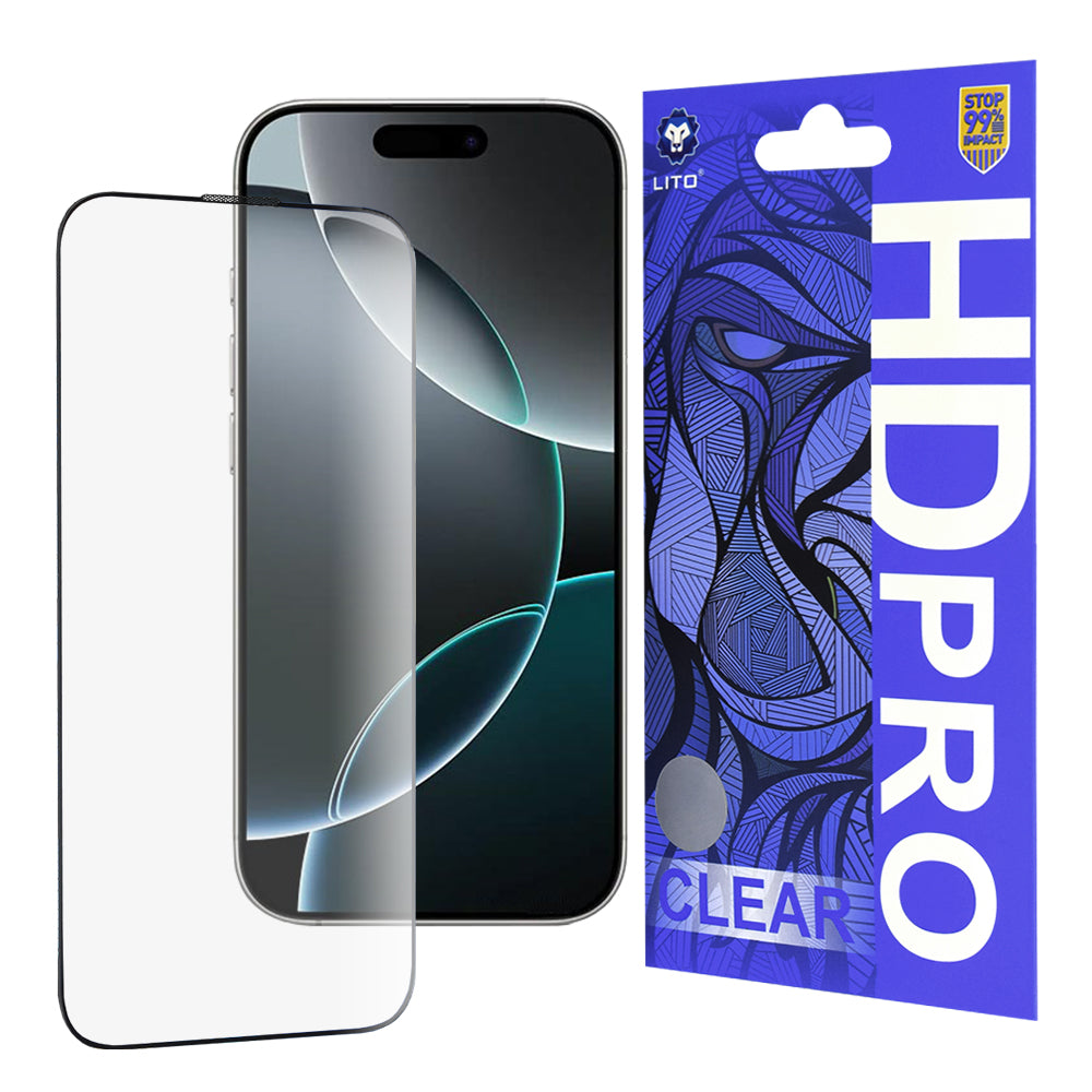 Ochranná fólie na displej Lito HD Pro Clear pro Apple iPhone 16 Pro, tvrzené sklo, plné lepidlo, černá
