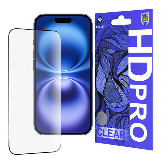 Ochranná fólie na displej Lito HD Pro Clear pro Apple iPhone 16, tvrzené sklo, plné lepidlo, černá