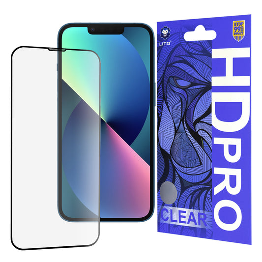 Ochranná fólie na displej Lito HD Pro Clear pro Apple iPhone 17e / 16e / 14 / 13 Pro, tvrzené sklo, plné lepidlo, černá