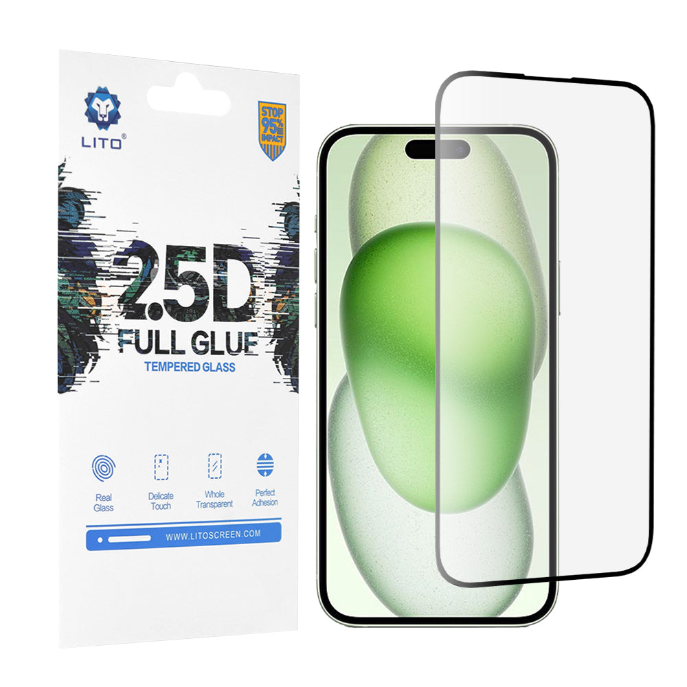 Ochranná fólie na displej Lito pro Apple iPhone 15 Plus, tvrzené sklo, plné lepidlo, 2.5D, černá
