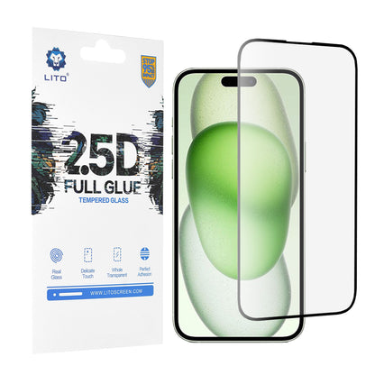 Ochranná fólie na displej Lito pro Apple iPhone 15 Plus, tvrzené sklo, plné lepidlo, 2.5D, černá