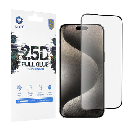 Ochranná fólie na displej Lito pro Apple iPhone 15 Pro Max, tvrzené sklo, plné lepidlo, 2.5D, černá