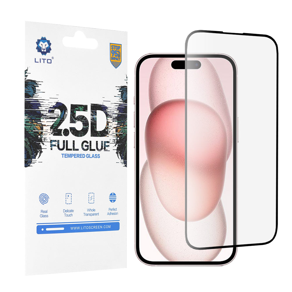 Ochranná fólie na displej Lito pro Apple iPhone 15, tvrzené sklo, plné lepidlo, 2.5D, černá