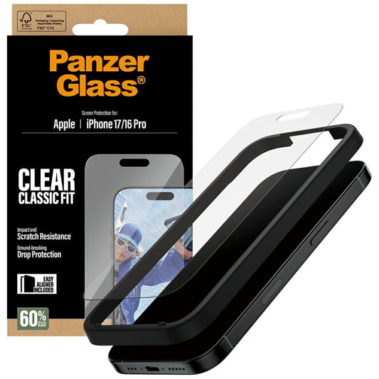 Ochranná fólie PanzerGlass Classic Fit EasyAligner pro Apple iPhone 17 / 16 Pro, Tvrzené sklo, Full Glue