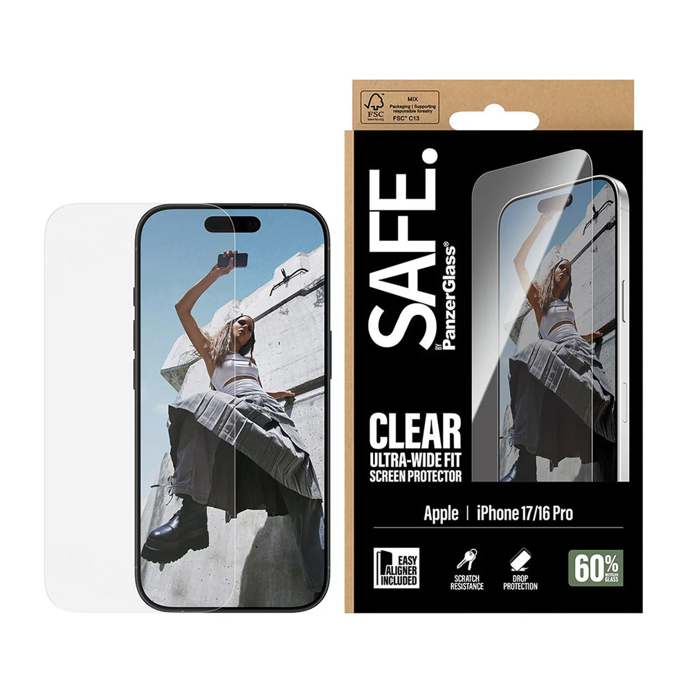 PanzerGlass Safe Screen Protector. Ultra-Wide Fit EasyAligner for Apple iPhone 17 / 16 Pro, Tempered Glass, Full Glue