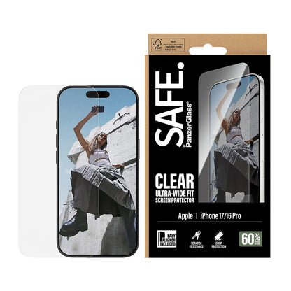 PanzerGlass Safe Screen Protector. Ultra-Wide Fit EasyAligner for Apple iPhone 17 / 16 Pro, Tempered Glass, Full Glue