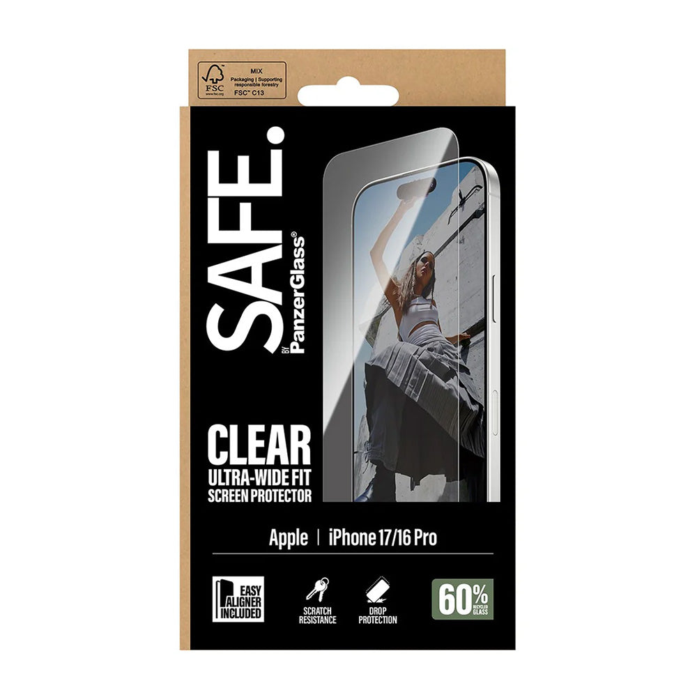 PanzerGlass Safe Screen Protector. Ultra-Wide Fit EasyAligner for Apple iPhone 17 / 16 Pro, Tempered Glass, Full Glue