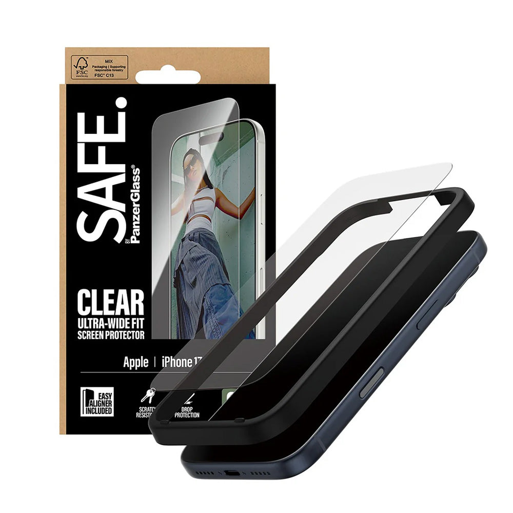 Ochranná fólie na displej PanzerGlass Safe. Ultra-Wide Fit EasyAligner pro Apple iPhone 17 Pro, Tvrzené sklo, Full Glue.