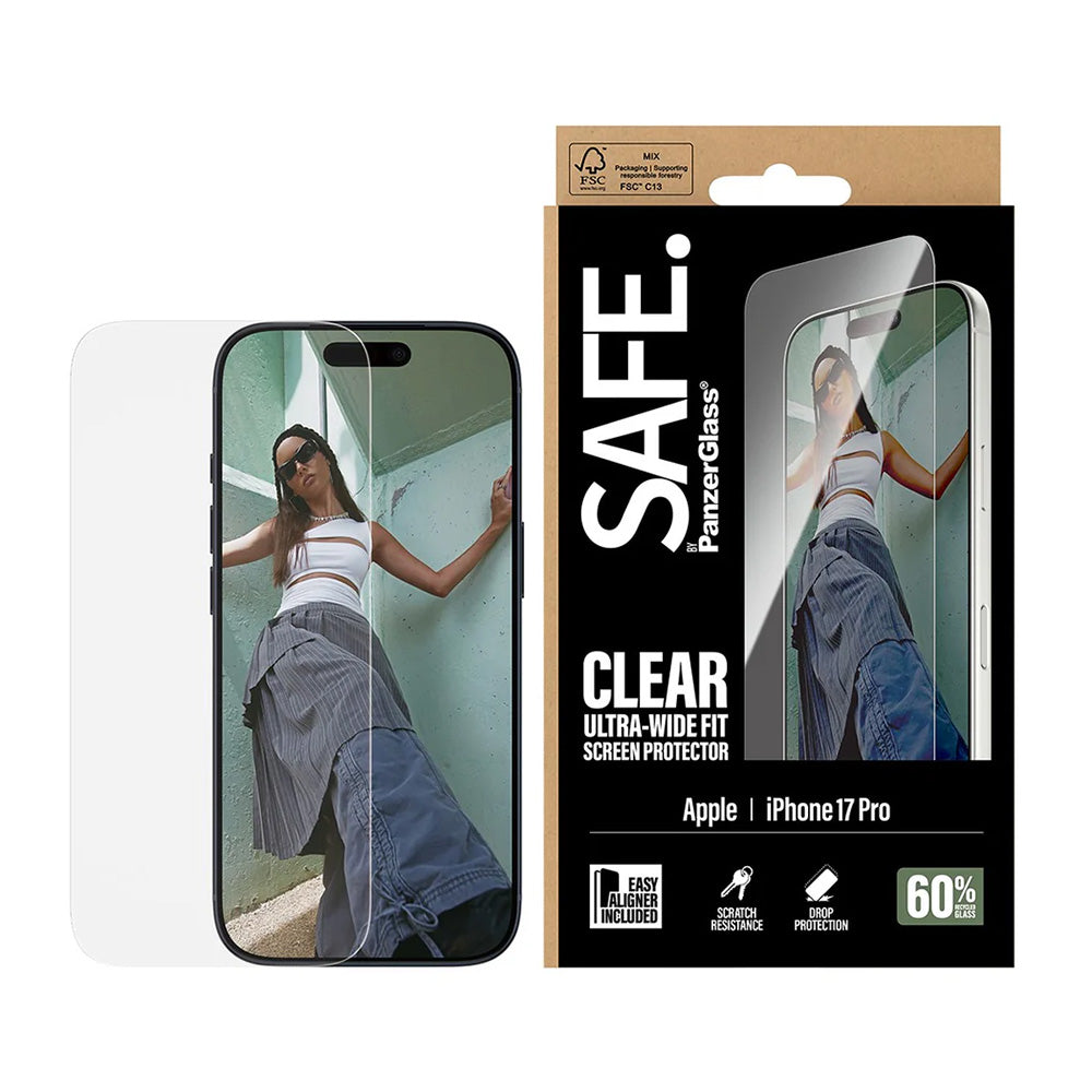 Ochranná fólie na displej PanzerGlass Safe. Ultra-Wide Fit EasyAligner pro Apple iPhone 17 Pro, Tvrzené sklo, Full Glue.