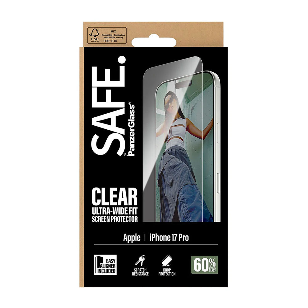 Ochranná fólie na displej PanzerGlass Safe. Ultra-Wide Fit EasyAligner pro Apple iPhone 17 Pro, Tvrzené sklo, Full Glue.