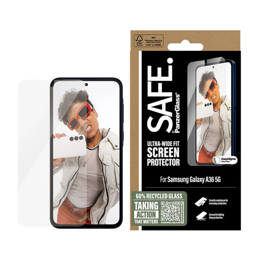 Ochranná fólie na displej PanzerGlass Safe. Ultra-Wide Fit EasyAligner pro Samsung Galaxy A36 A366, Tvrzené sklo, Full Glue.