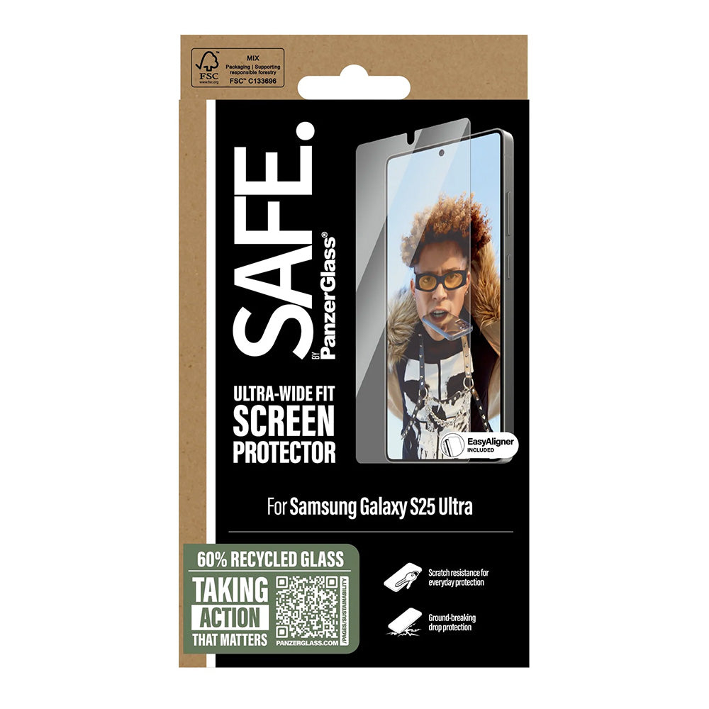 Ochranná fólie na displej PanzerGlass Safe. Ultra-Wide Fit EasyAligner pro Samsung Galaxy S25 Ultra S938, Tvrzené sklo, Full Glue