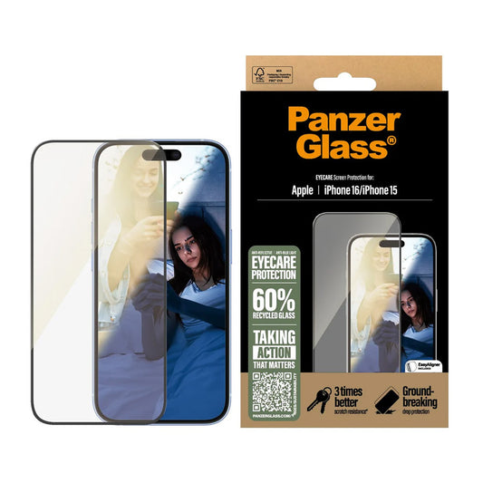 Ochranná fólie na displej PanzerGlass Ultra-Wide Fit EyeCare pro Apple iPhone 16 / 15, Tvrzené sklo, Full Glue, Černá