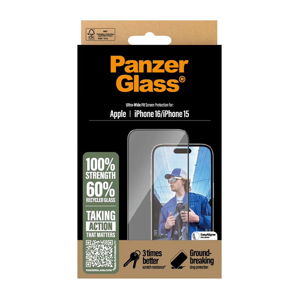 Ochranná fólie na displej PanzerGlass Ultra-Wide Fit pro Apple iPhone 16 / 15, Tvrzené sklo, Full Glue, Černá