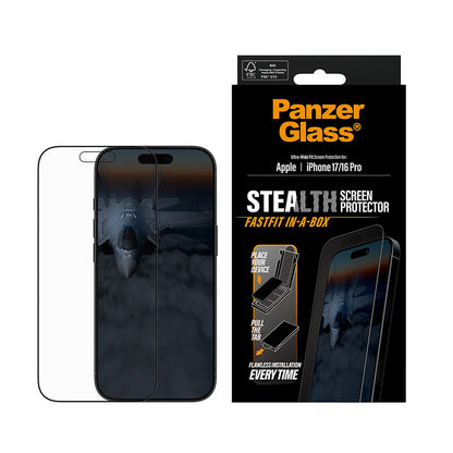 Ochranná fólie na displej PanzerGlass Ultra-Wide Fit Stealth Fastfit pro Apple iPhone 17 / 16 Pro, Tvrzené sklo, Full Glue, Černá