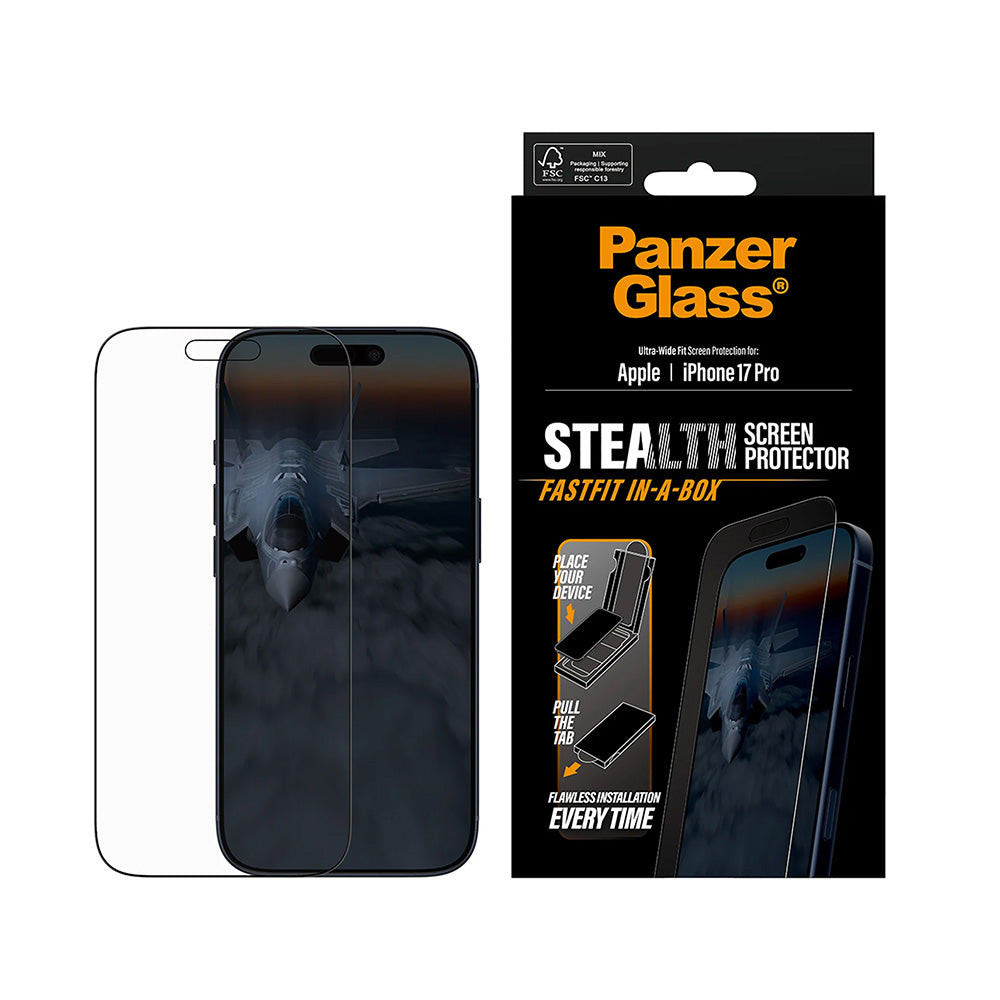 Ochranná fólie na displej PanzerGlass Ultra-Wide Fit Stealth Fastfit pro Apple iPhone 17 Pro, Tvrzené sklo, Full Glue, Černá