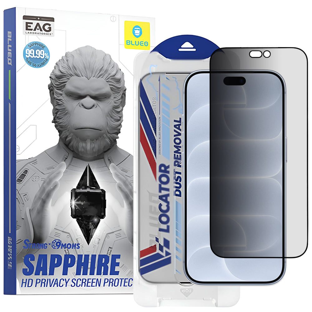 Ochranné sklo na displej Privacy Blueo Premium Sapphire Applicator pro Apple iPhone 18 Pro, tvrzené sklo, celoplošné lepidlo