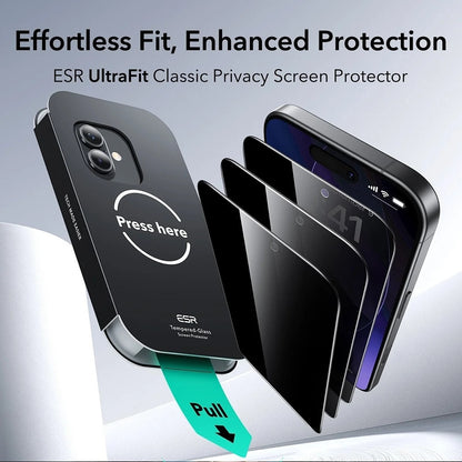Ochranná fólie Ecran Privacy ESR UltraFit pro Apple iPhone 17 / 16 Pro, Tvrzené sklo, Full Glue, Sada 3 kusy