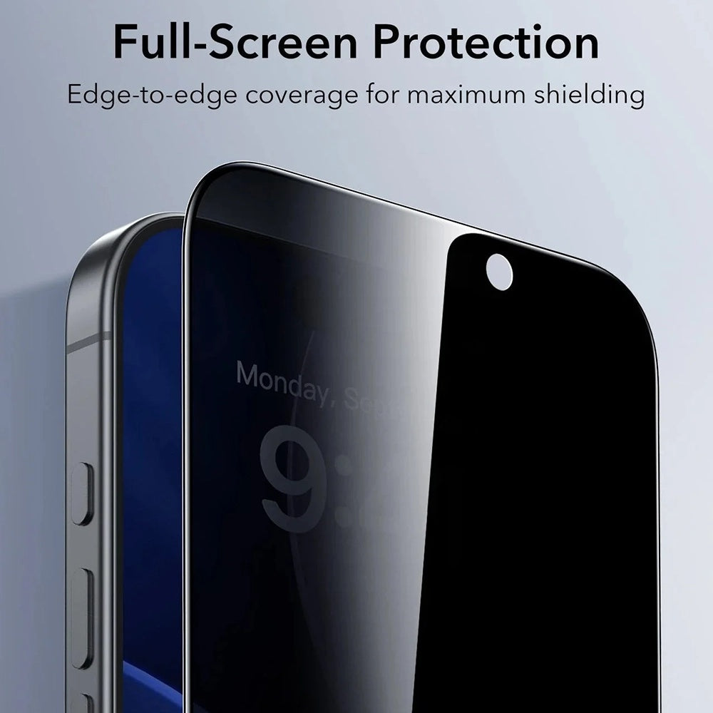 Ochranná fólie Ecran Privacy ESR UltraFit pro Apple iPhone 17 / 16 Pro, Tvrzené sklo, Full Glue, Sada 3 kusy
