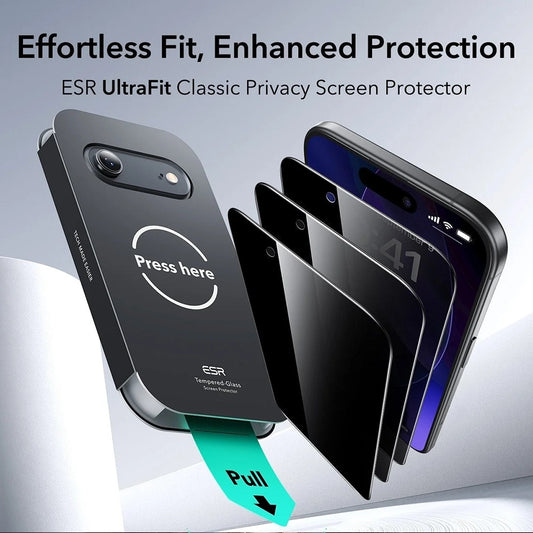 Ochranná fólie Ecran Privacy ESR UltraFit pro Apple iPhone 17 Air, Tvrzené sklo, Full Glue, Sada 3 kusy