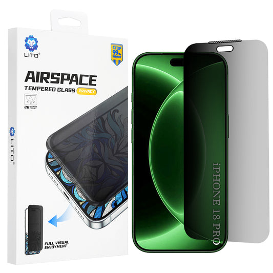 Ochranná fólie na displej Privacy Lito Airspace Border pro Apple iPhone 18 Pro / 17 Pro, tvrzené sklo, plné lepidlo