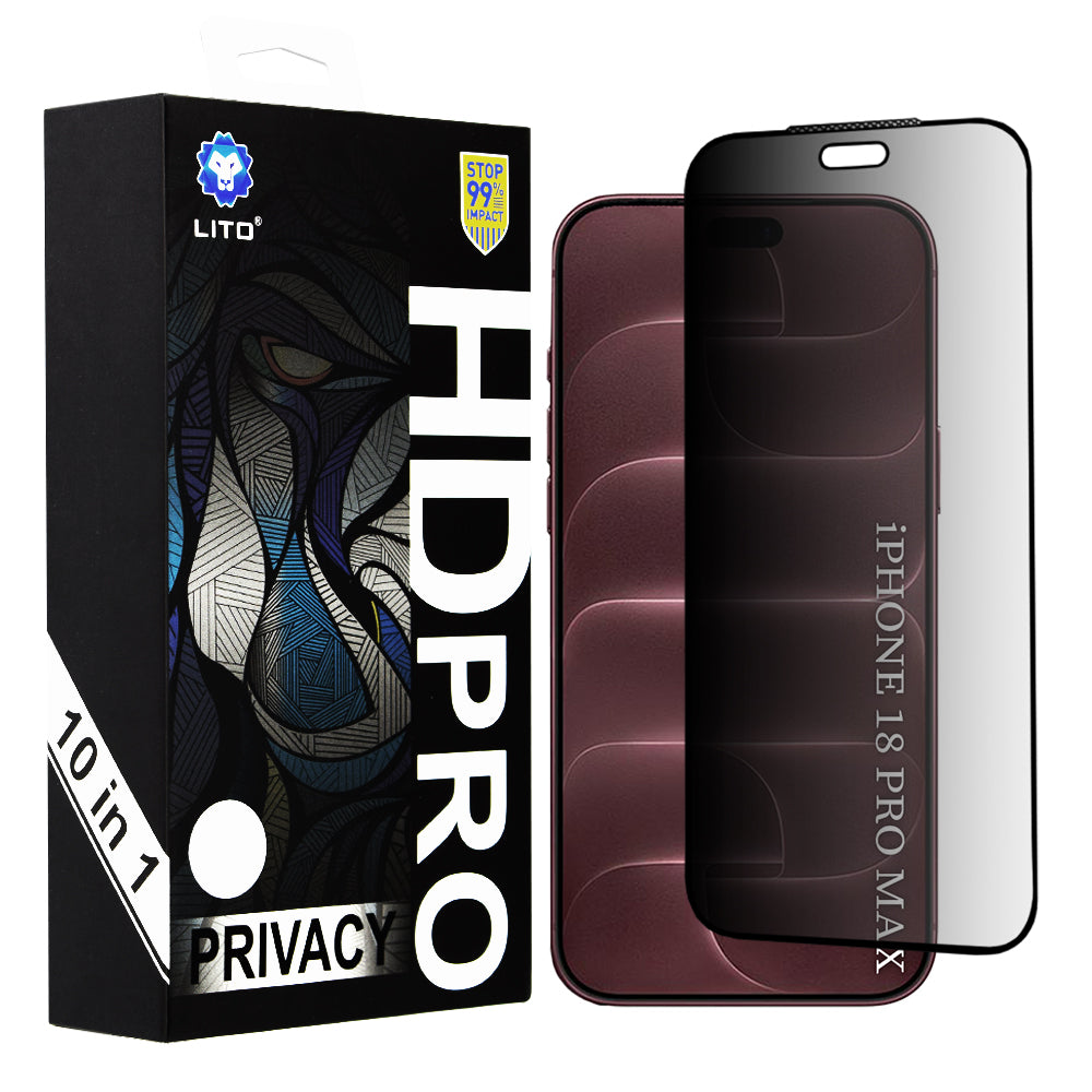 Ochranné sklo na displej Privacy Lito HD Pro pro Apple iPhone 18 Pro Max, tvrzené sklo, celoplošné lepidlo, sada 10 kusů