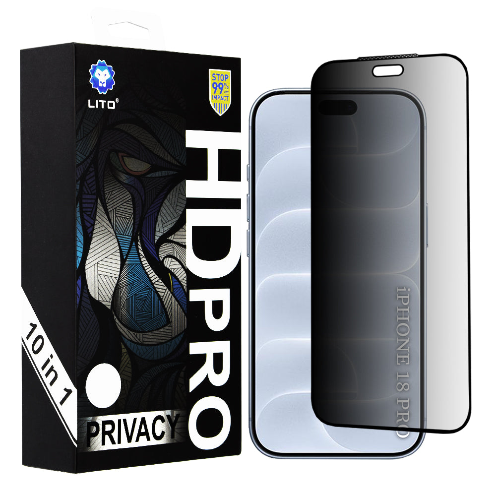 Ochranné sklo na displej Privacy Lito HD Pro pro Apple iPhone 18 Pro, tvrzené sklo, celoplošné lepidlo, sada 10 kusů