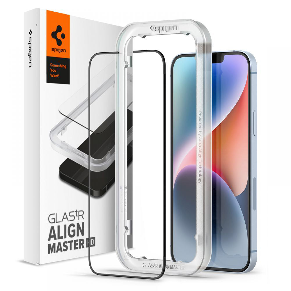 Ochranná fólie na displej Spigen GlastR Align Master pro Apple iPhone 17e / 16e / 14 / 13 Pro, Tvrzené sklo, Full Glue, Černá AGL03725