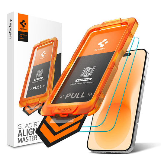 Ochranná fólie na displej Spigen GlastR AlignMaster S pro Apple iPhone 18 Pro Max / 17 Pro Max, tvrzené sklo, plné lepidlo, sada 2 kusů AGL10101