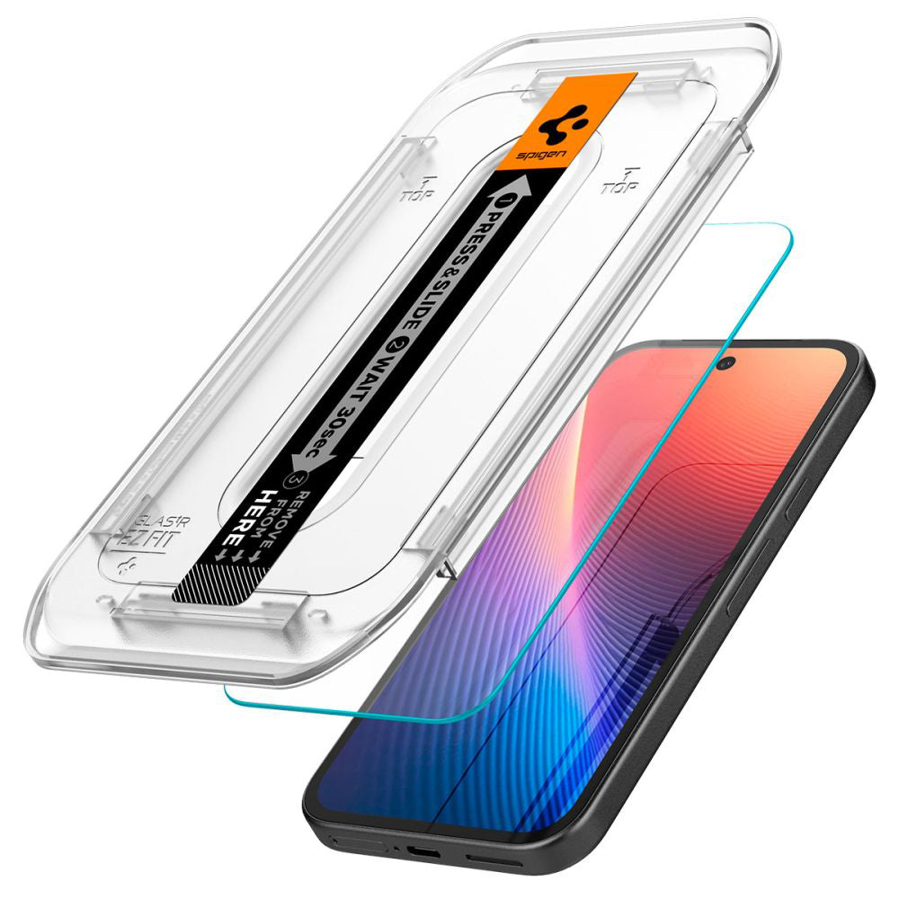 Ochranná fólie na displej Spigen GlastR EZ FIT pro Google Pixel 9a, Tvrzené sklo, Full Glue, Sada 2 kusy AGL08938