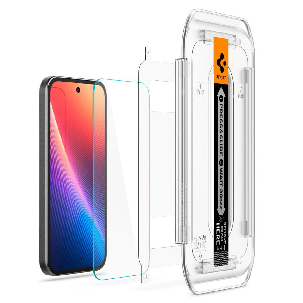 Ochranná fólie na displej Spigen GlastR EZ FIT pro Google Pixel 9a, Tvrzené sklo, Full Glue, Sada 2 kusy AGL08938