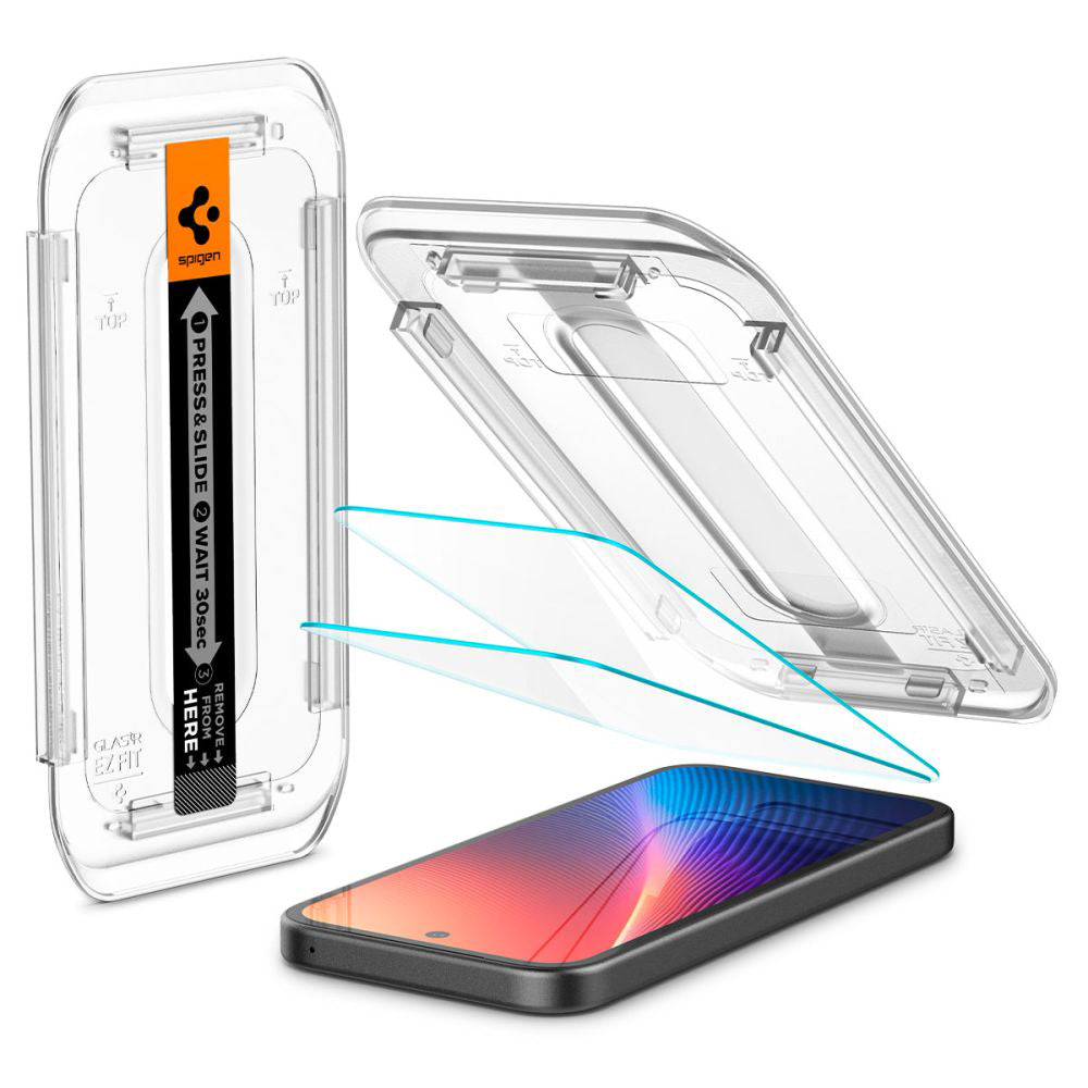 Ochranná fólie na displej Spigen GlastR EZ FIT pro Google Pixel 9a, Tvrzené sklo, Full Glue, Sada 2 kusy AGL08938