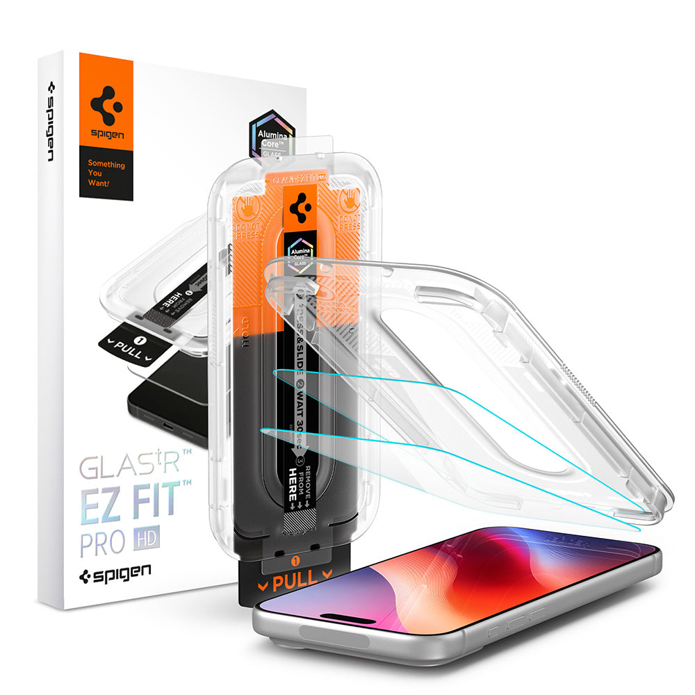 Ochranná fólie na displej Spigen GlastR EZ FIT Pro HD pro Apple iPhone 18 Pro / 17 Pro / 17 / 16 Pro, tvrzené sklo, plné lepidlo, sada 2 kusů AGL12047