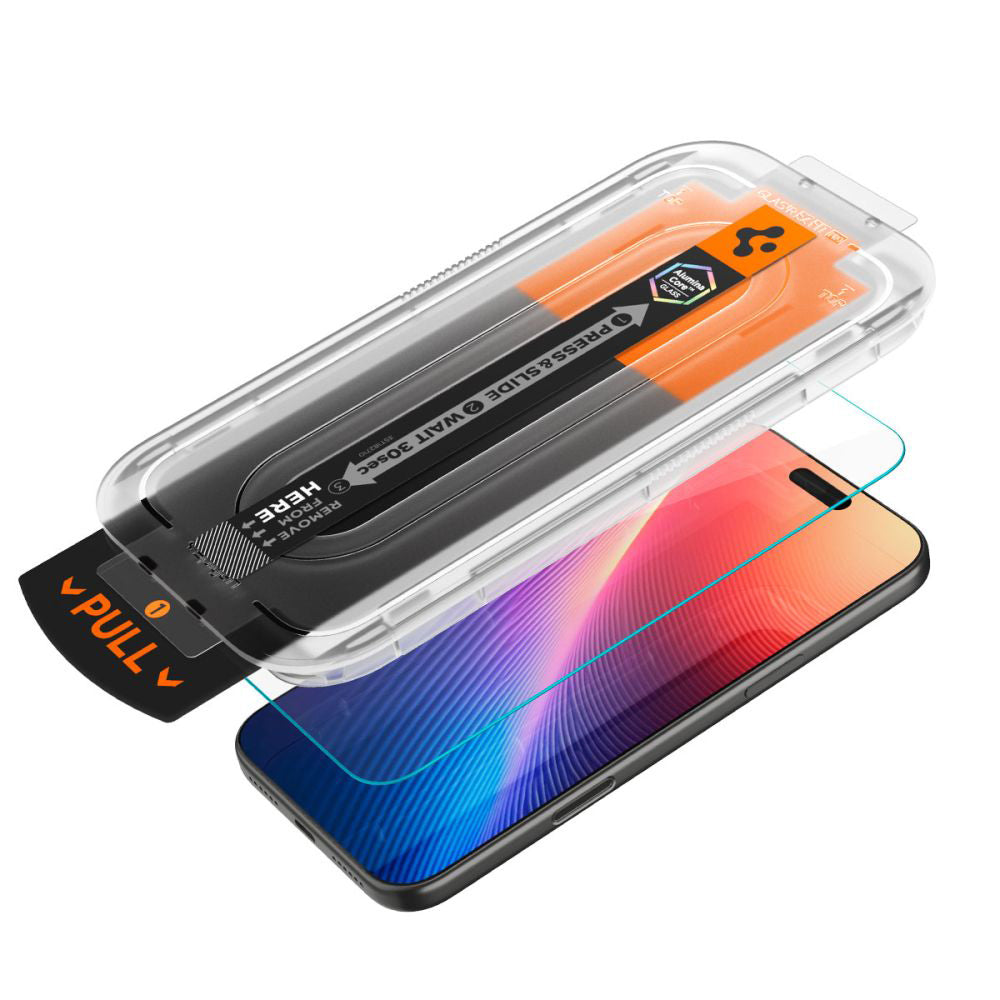 Ochranná fólie na displej Spigen GlastR EZ FIT Pro pro Apple iPhone 17 Pro / 17 / 16 Pro, Tvrzené sklo, Full Glue