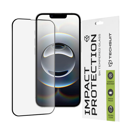 Ochranná fólie na displej Techsuit M1 pro Apple iPhone 17e / 16e / 14 / 13 Pro, tvrzené sklo, plné lepidlo, 111D, černá