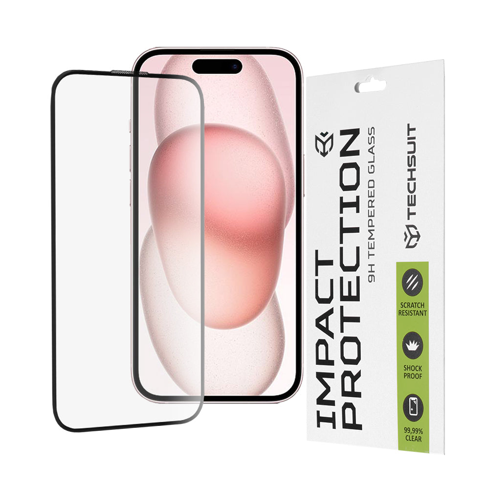 Ochranná fólie na displej Techsuit pro Apple iPhone 16 / 15, tvrzené sklo, Full Glue, 111D, černá