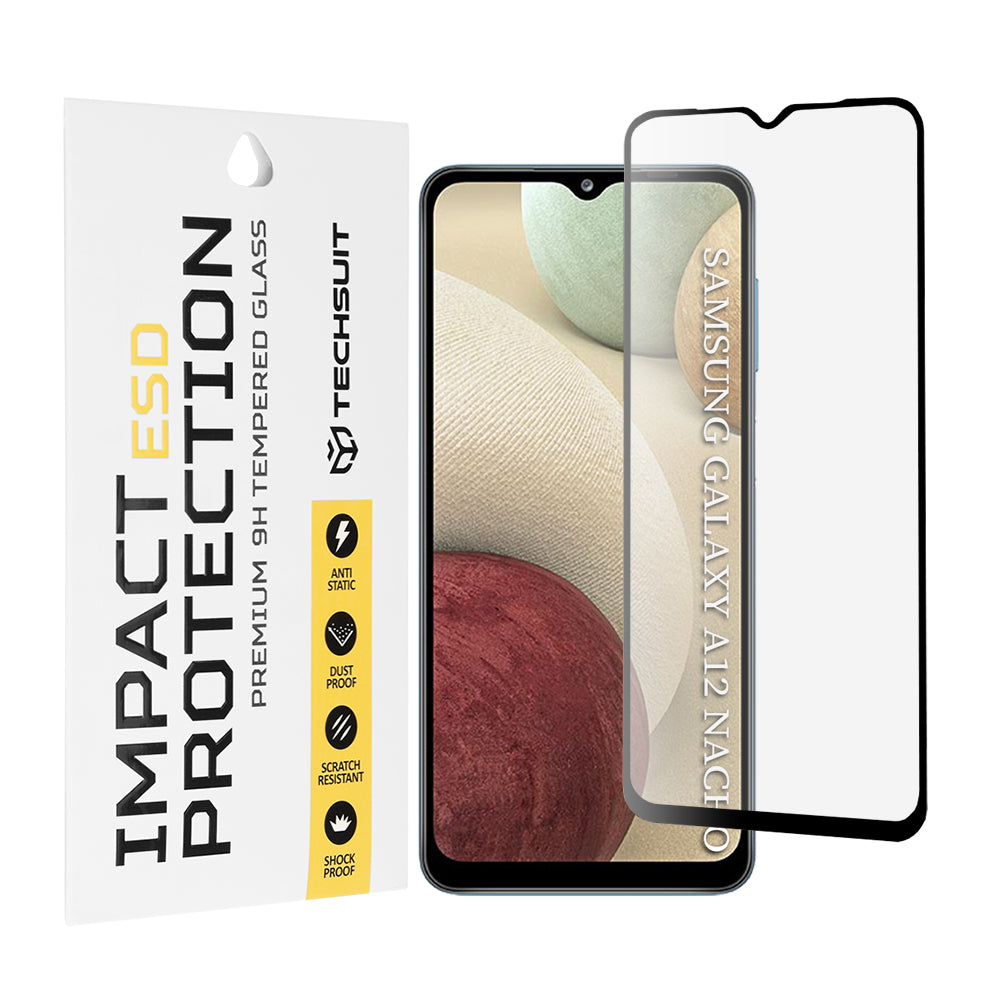 Ochranná fólie na displej Techsuit pro Samsung Galaxy F12 F127 / A12 Nacho A127 / M02 M022 / M12 M127, tvrzené sklo, plné lepidlo, černá