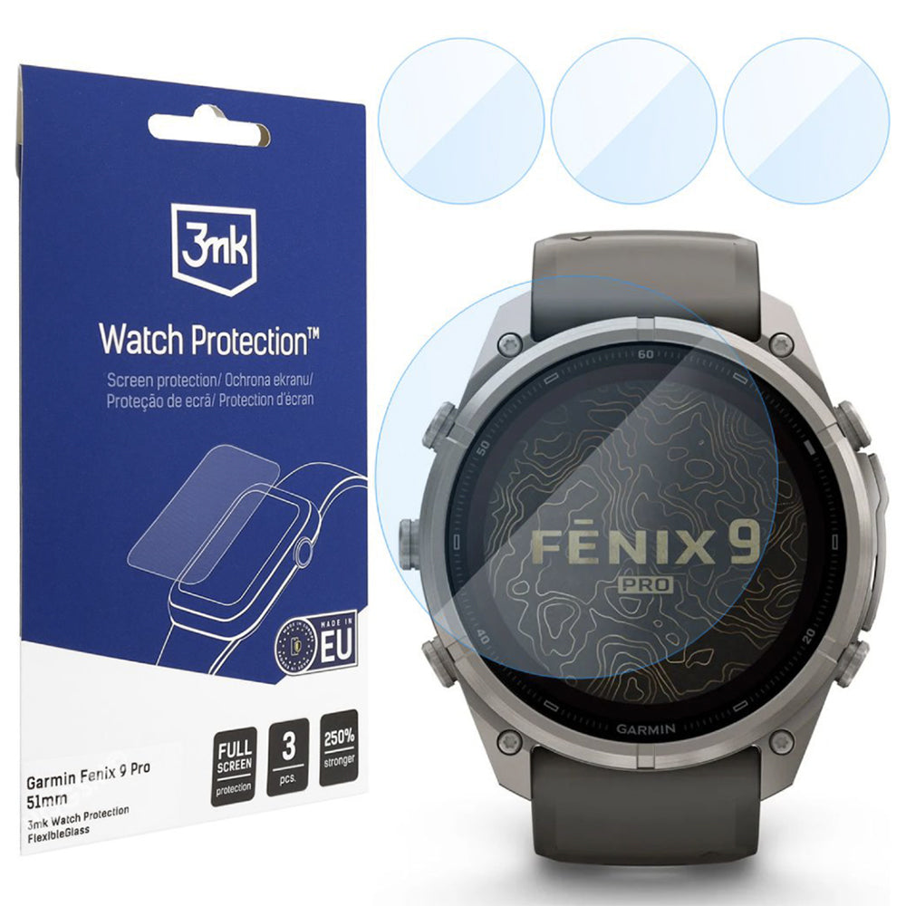 Ochranná fólie 3MK FlexibleGlass pro Garmin Fenix 9 Pro 51mm, sada 3 kusů, flexibilní sklo